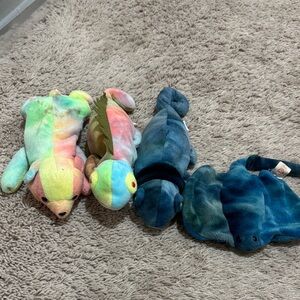 4 pack beanie babies Colorful Tie-Dye Frog, Lizard, Seal, and Ray Set